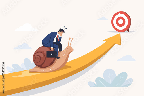 Frustrated Businessman Riding a Slow Snail on an Upward Arrow Path Towards a Target Goal, Concept of Low Productivity, Procrastination, Inefficiency, and Sluggish Career Progress Illustration