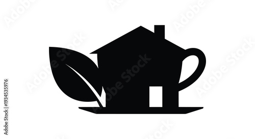 A simple black silhouette depicts a house integrated with a leaf and cup representing eco friendly living silhouette