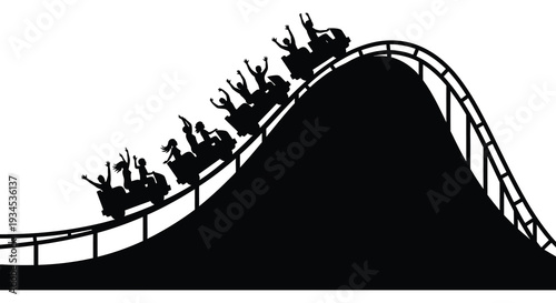 A dynamic black silhouette depicts a thrilling rollercoaster ride with excited passengers enjoying the ascent and descent silhouette