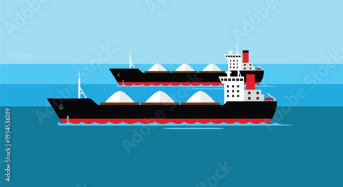 Two cargo ships loaded with cargo sailing across blue ocean sea water surface, logistics and maritime transport concept, illustration and vector art