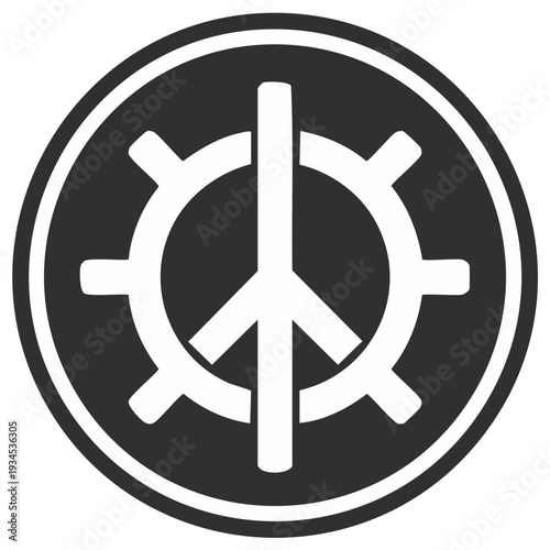 Modern conceptual peace symbol integrated with a spinning gear cogwheel icon representing harmony work and progress