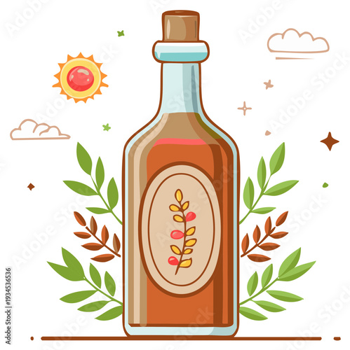 Wholesome organic liquid in bottle with cork stopper featuring plant berries and green leaves