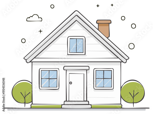 Hand Drawn Style House Illustration with Trees Cloud Circles and Stars Design on White Background