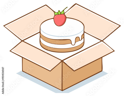 Dessert delivery cartoon style cake with strawberry in open cardboard box