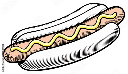 Classic hot dog with mustard in a bun engraved style illustration