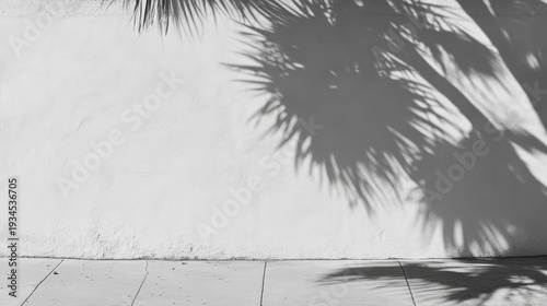 White stucco wall catching soft palm leaf shadows .