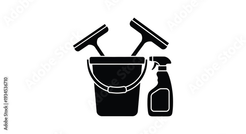 A black outline depicts cleaning supplies including a bucket spray bottle and squeegees silhouette high quality professional detailed
