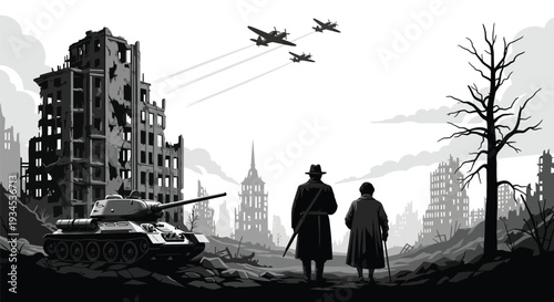 Devastation after war, ruined city buildings, military tank, airplanes flying overhead, somber atmosphere, survivors looking at destruction, monochrome image