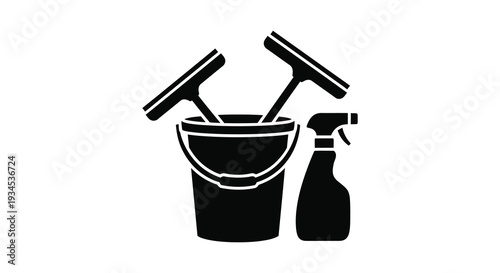 A black silhouette depicts cleaning tools including a bucket spray bottle and squeegees representing household chores silhouette