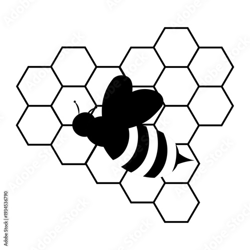 Black and white bee silhouette illustration combined with geometric hexagon honeycomb pattern. Minimal modern design suitable for logo, branding, beekeeping concept, nature theme, organic product pack