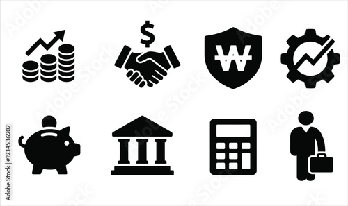 Business and finance solid icon set for banking investment