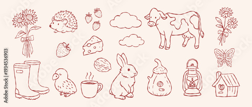 Cute cottagecore farm life vector set with cow rabbit sunflower and garden tools in hand drawn doodle line art style for organic branding and kids design