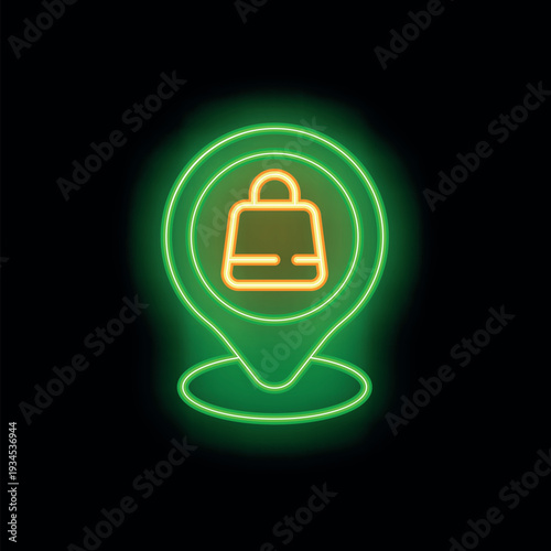 Glowing neon green map pointer highlighting shopping bag location, perfect for representing online shopping or store locator services