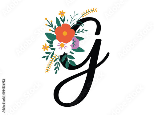 Script lowercase letter g featuring a small cluster of colorful wildflowers.