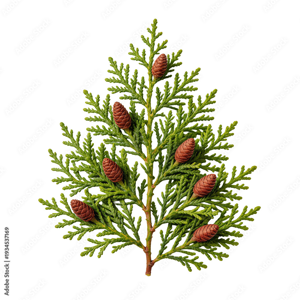 Fototapeta premium Branch of Thuja with cones and green foliage