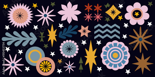 Colorful floral and starburst pattern on a dark navy background