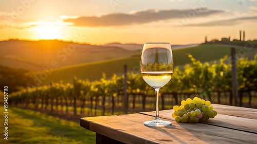 Glass of white wine in vineyard at sunset