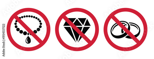 No jewelry allowed sign featuring prohibited necklace, diamond rings and accessories symbols, vector illustration for safety, security, workplace, and public space rules compliance projects.