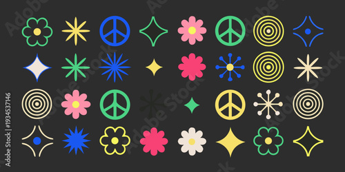 Colorful retro patterns and symbols arranged in a grid formation