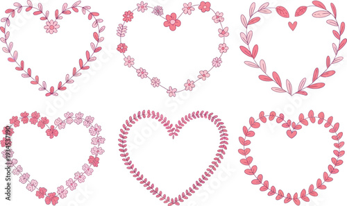 Set of 6 charming heart frames with floral and leaf elements, pink and red hues