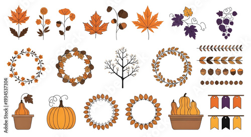 Autumn fall season graphic elements with leaves and pumpkins