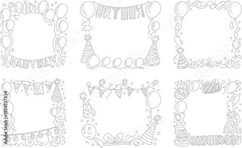 Set of hand-drawn birthday frames with balloons, party hats, and banners
