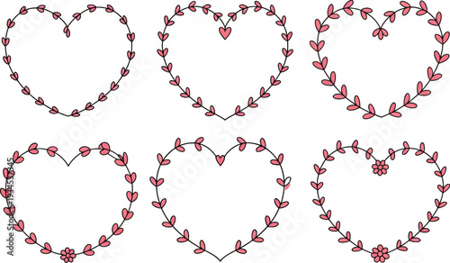 Collection of 6 pink heart outlines adorned with small leaves, perfect for love themes