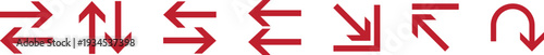 Red arrow direction icons set isolated on white background. Swap rotate merge split and navigation symbols for interface design projects. Flat vector outline collection.
