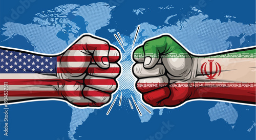 USA versus Iran fist bump on world map background, symbolizing geopolitical rivalry and conflict between nations, power struggle and confrontation, global politics