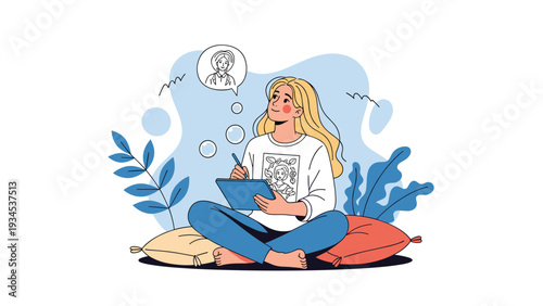 Young artist sitting on cushions and using a digital tablet to sketch a woman portrait illustration with a thought bubble above her.