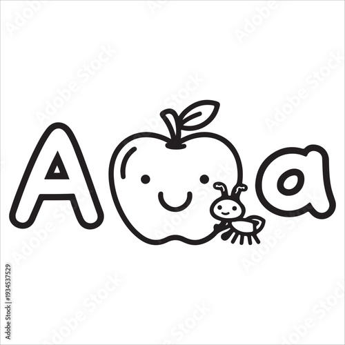 Black and white alphabet letter A coloring page featuring apple and ant illustration. Bold outline and simple kid friendly line art design. Educational printable worksheet format ideal for preschool.