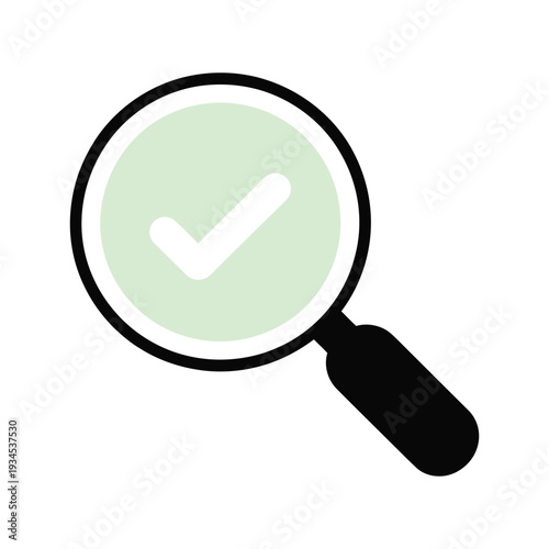 A modern graphic depicting a vibrant light green checkmark within a black outlined magnifying glass, transparent background