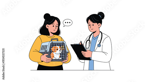Concerned woman bringing her cute puppy in a pet carrier to a professional veterinarian for a health checkup and medical advice.