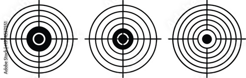 Three target diagrams with varying bullseye precision and shot groupings shown Vector