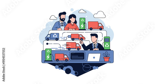 A business manager at a desk analyzes a logistics flowchart showing a fleet of electric and conventional trucks moving between charging stations.