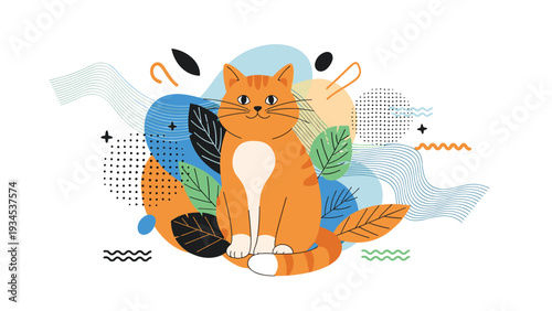 Cute ginger cat with white paws sitting among abstract geometric shapes and tropical leaves in a modern artistic style.