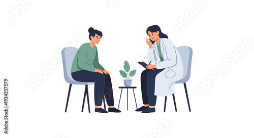 Mental Health Therapy Session: Woman Talking to Doctor or Psychologist for Support and Counseling. Flat Vector Illustration on White Background.