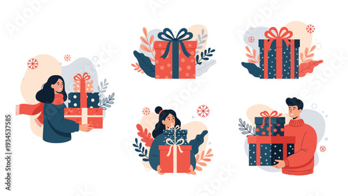 Happy people carrying various wrapped Christmas gifts and boxes decorated with bows and ribbons for holiday celebration and giving.