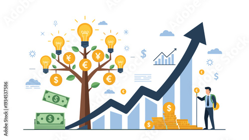 Businessman standing next to a money tree with light bulb fruits and currency symbols to show financial growth and innovative ideas.