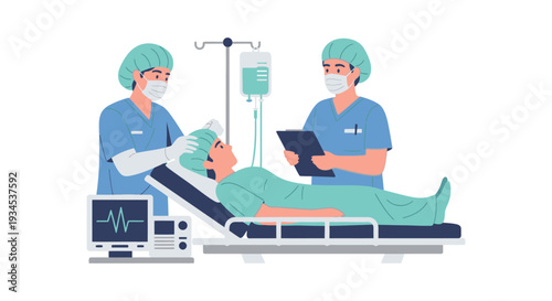 Medical Staff Caring for Patient on Hospital Bed with ECG and IV Drip Illustration