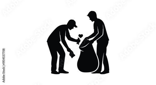 A black silhouette depicts two men near a large bag one offering a heart to the other silhouette