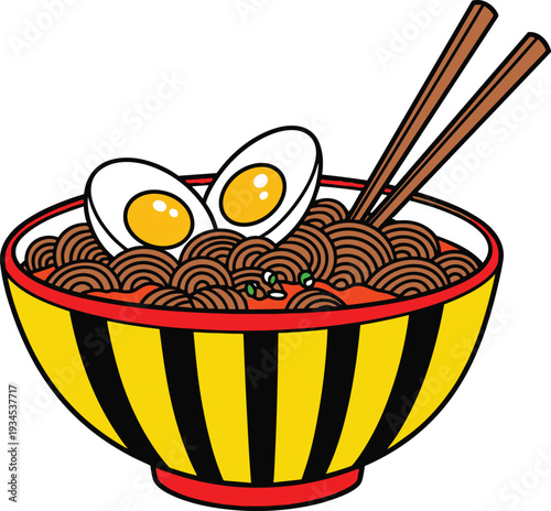 Cartoon Asian Noodle Bowl with Chopsticks Illustration � Street Food Flat Art Design