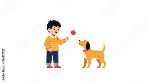 Young boy in a yellow sweater happily playing with his pet dog by throwing a small red ball in a simple outdoor activities setting.