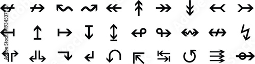 Arrow icon set in minimal black outline style. Directional navigation symbols including up, down, left, right, rotate, and refresh signs. Clean vector elements isolated on white background for UI and 