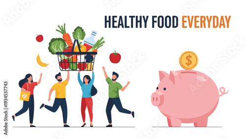 Group of people lifting a large basket of healthy vegetables and fruits next to a piggy bank symbolizing financial savings on food shopping.
