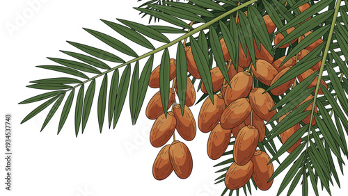 Detailed illustration of a bunch of ripe brown dates hanging from a green palm tree branch with long narrow leaves and botanical details.