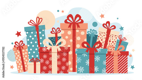 Mountain of colorful gift boxes decorated with various patterns and festive ribbons awaits a celebration such as Christmas or a birthday party.