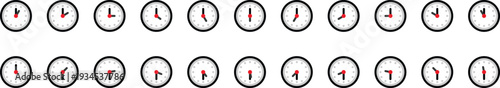 Analog clock icon set showing different time positions. Minimal round watch faces with hour and minute hands create clear timing symbols for apps, schedules, and infographics. Clean simple graphics 