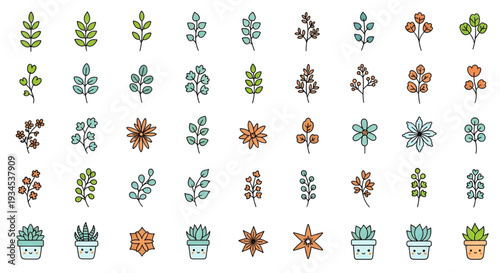 Cute cartoon leaves and flowers in pots with faces for spring design