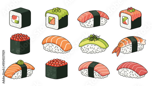 Colorful set of sushi illustrations features various popular types of nigiri and rolls with salmon, tuna, shrimp, and avocado toppings.
